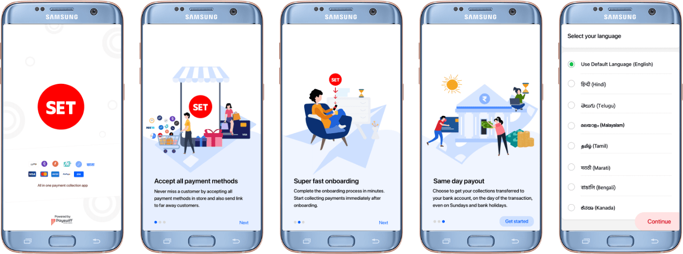 SET welcome screens — accept all payment methods, super fast onboarding, same-day payout, language selection