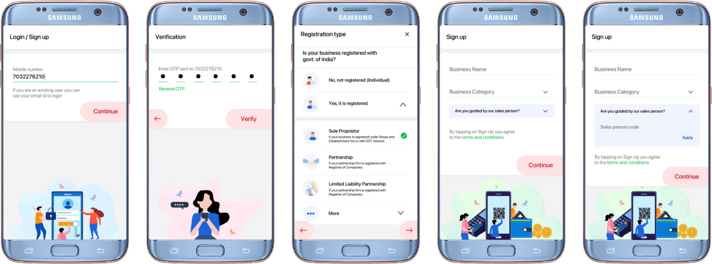 Login, OTP verification, registration type and sign-up screens