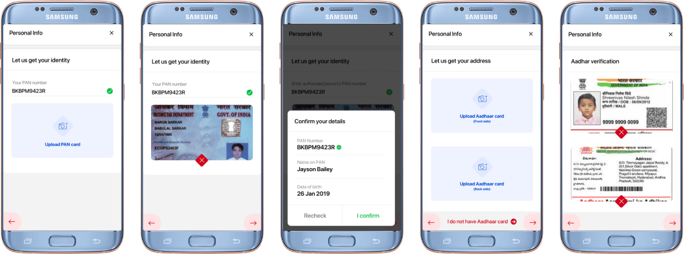 PAN upload, details confirmation, address and Aadhaar verification