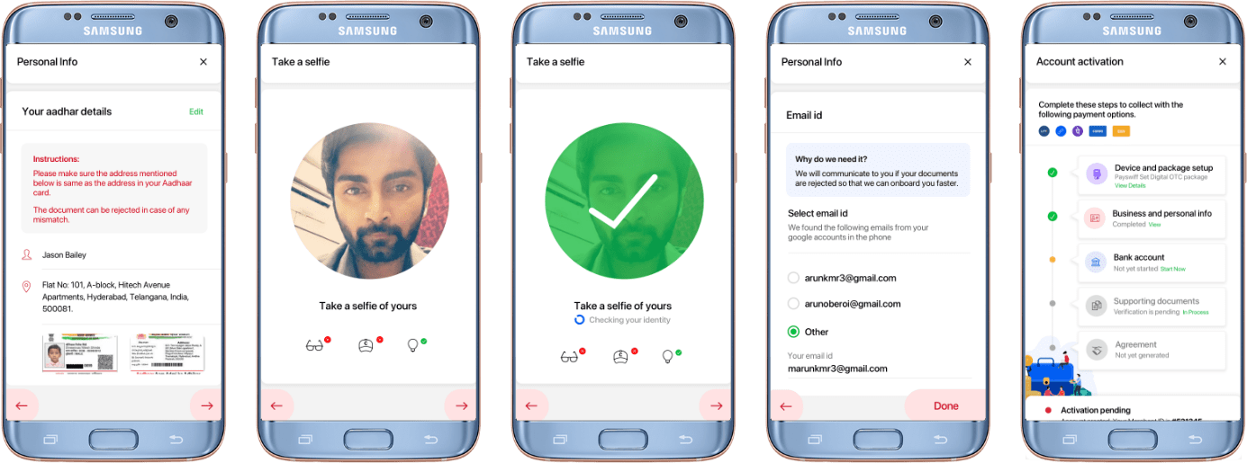 Aadhaar details, selfie liveness check, email and activation progress