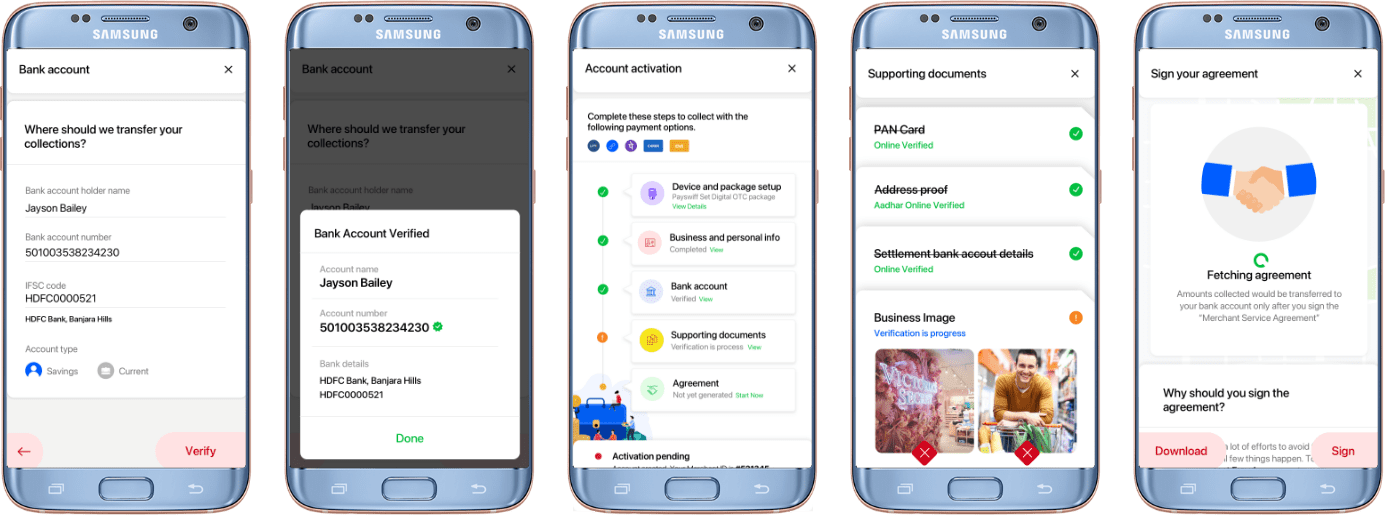 Bank account verification, supporting documents and agreement screens