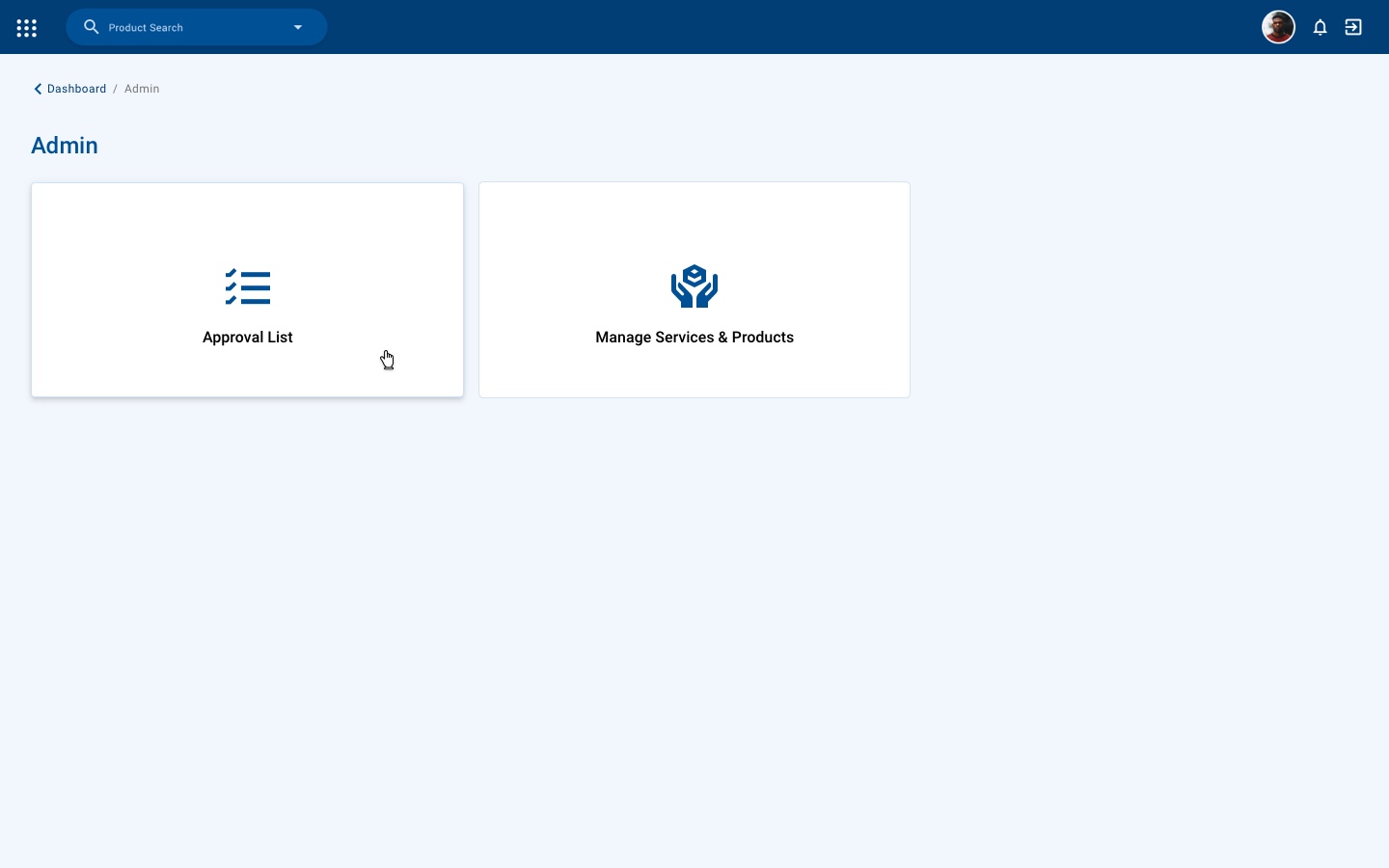 Admin home with Approval List and Manage Services & Products cards