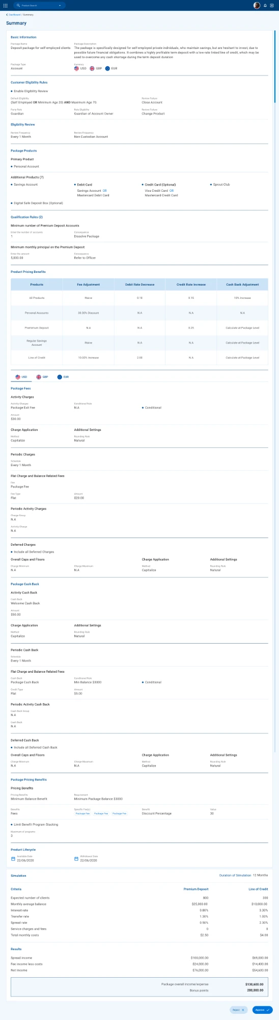Full package summary with pricing benefits table, fees, cash back and income simulation