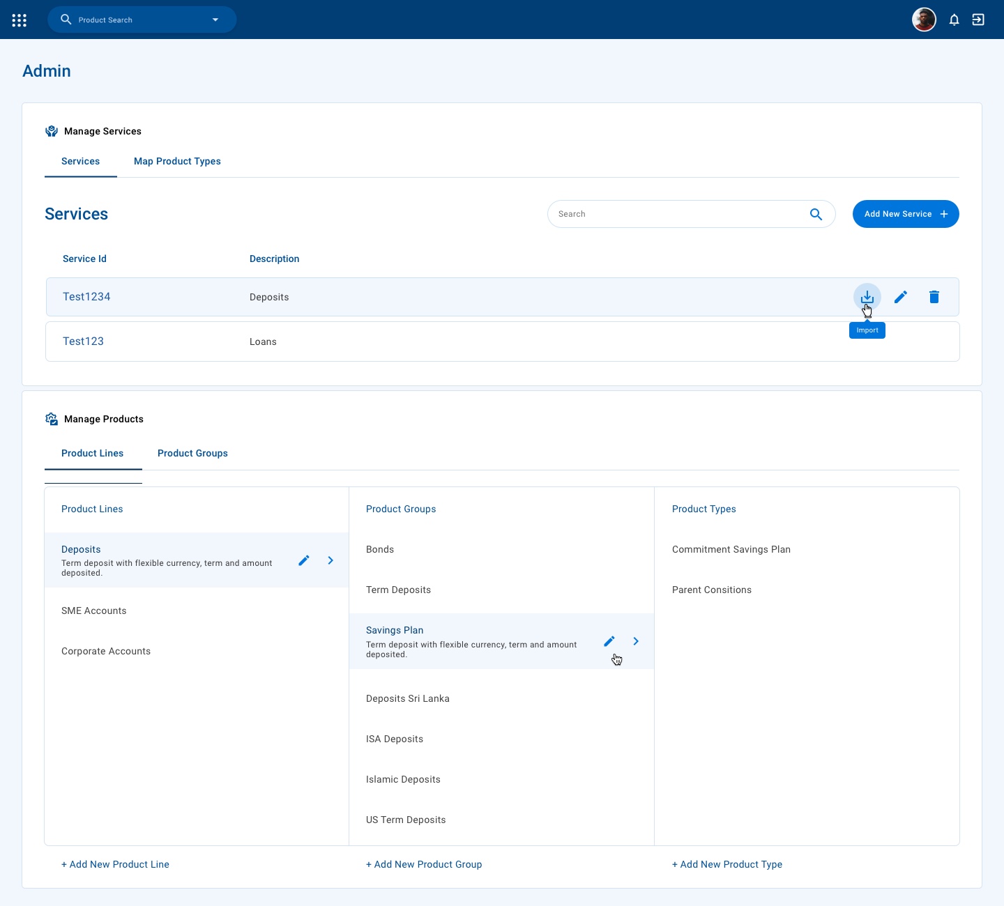 Admin screen for managing services, product lines, groups and types