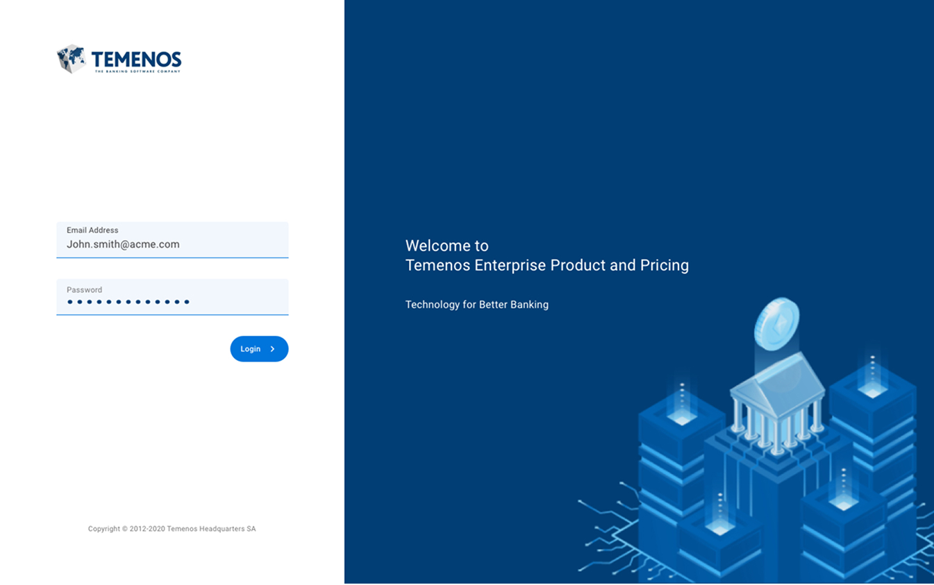 Temenos Enterprise Product and Pricing sign-in screen