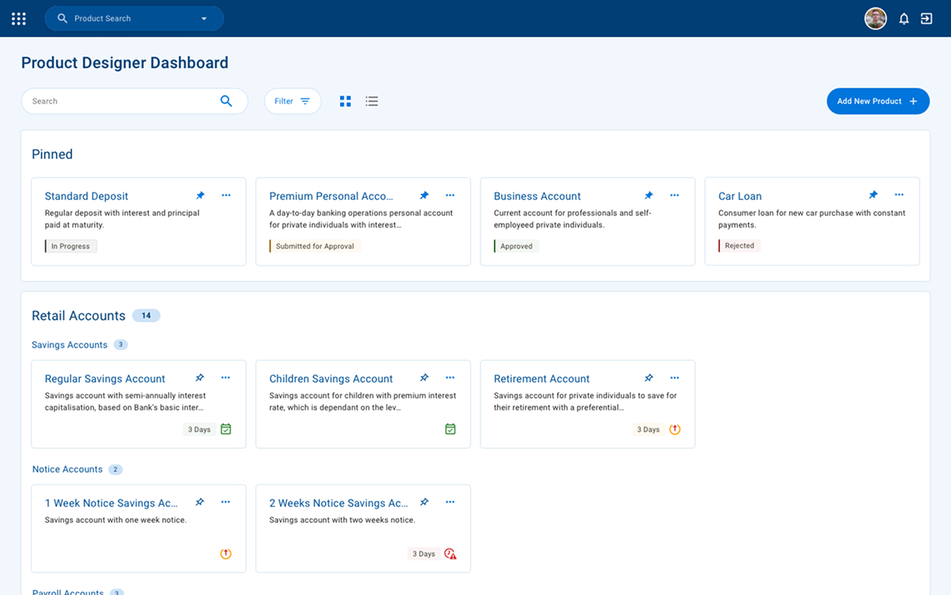 Product Designer dashboard with pinned products, categories and status tags