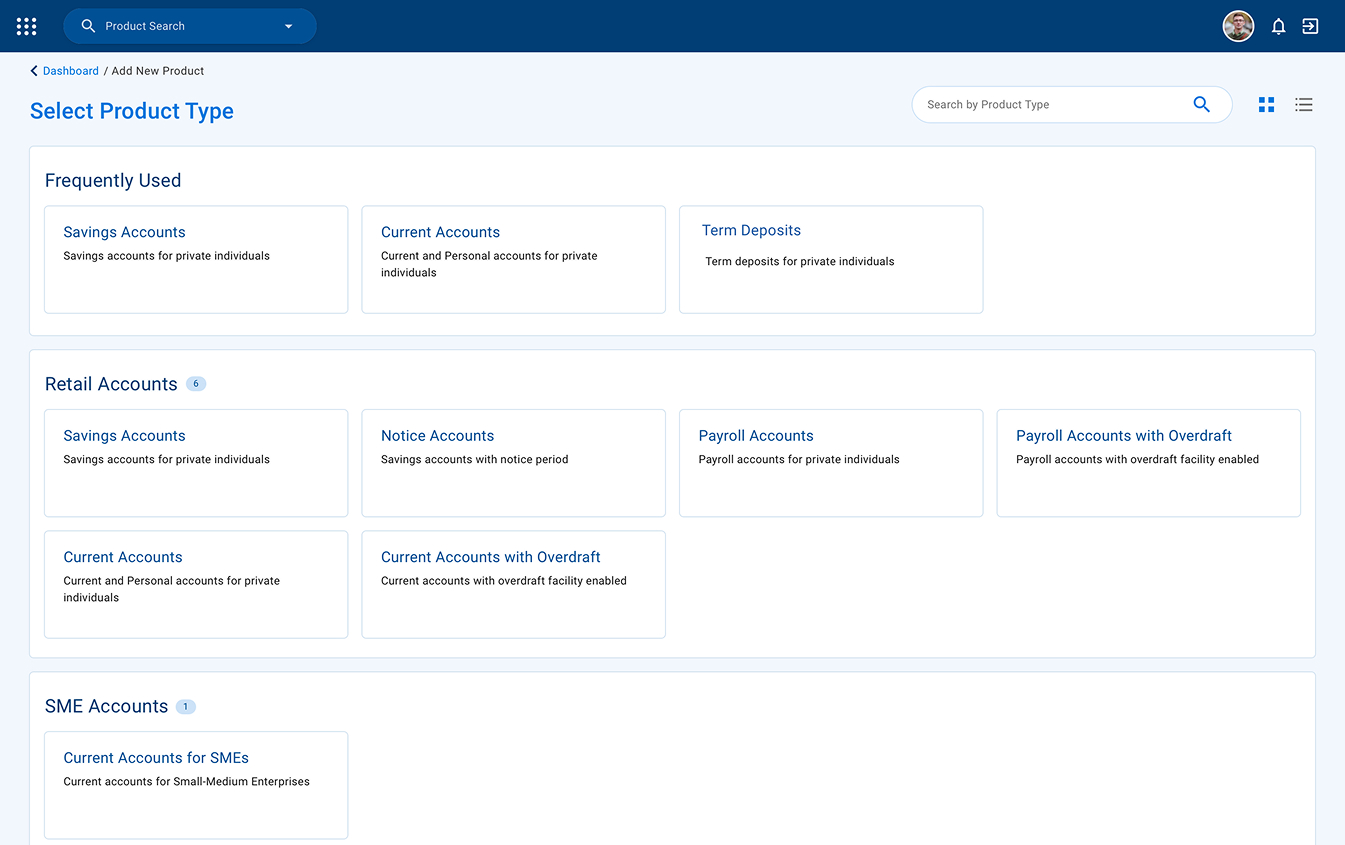 Select product type screen with frequently used, retail and SME groups