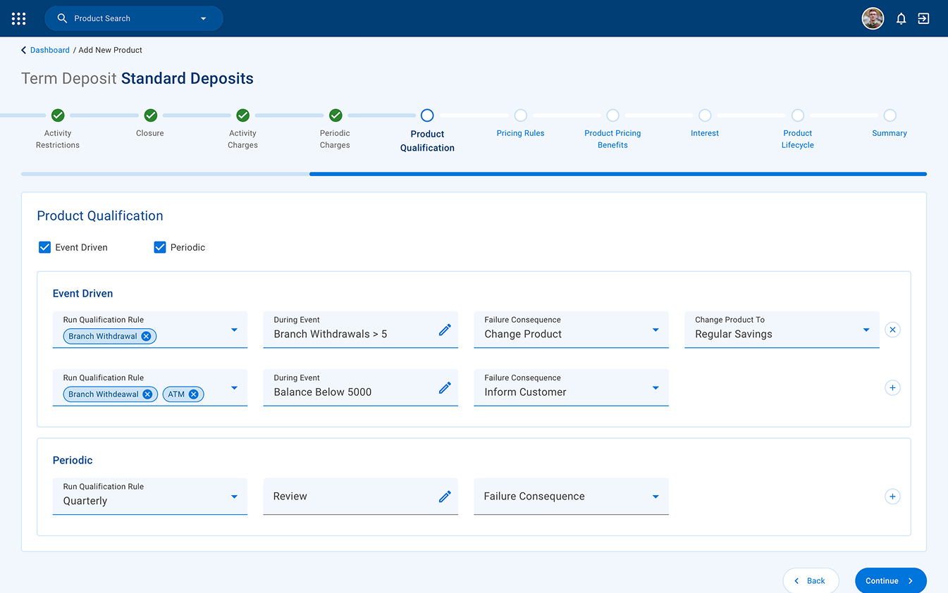 Term deposit creation wizard on the Product Qualification step