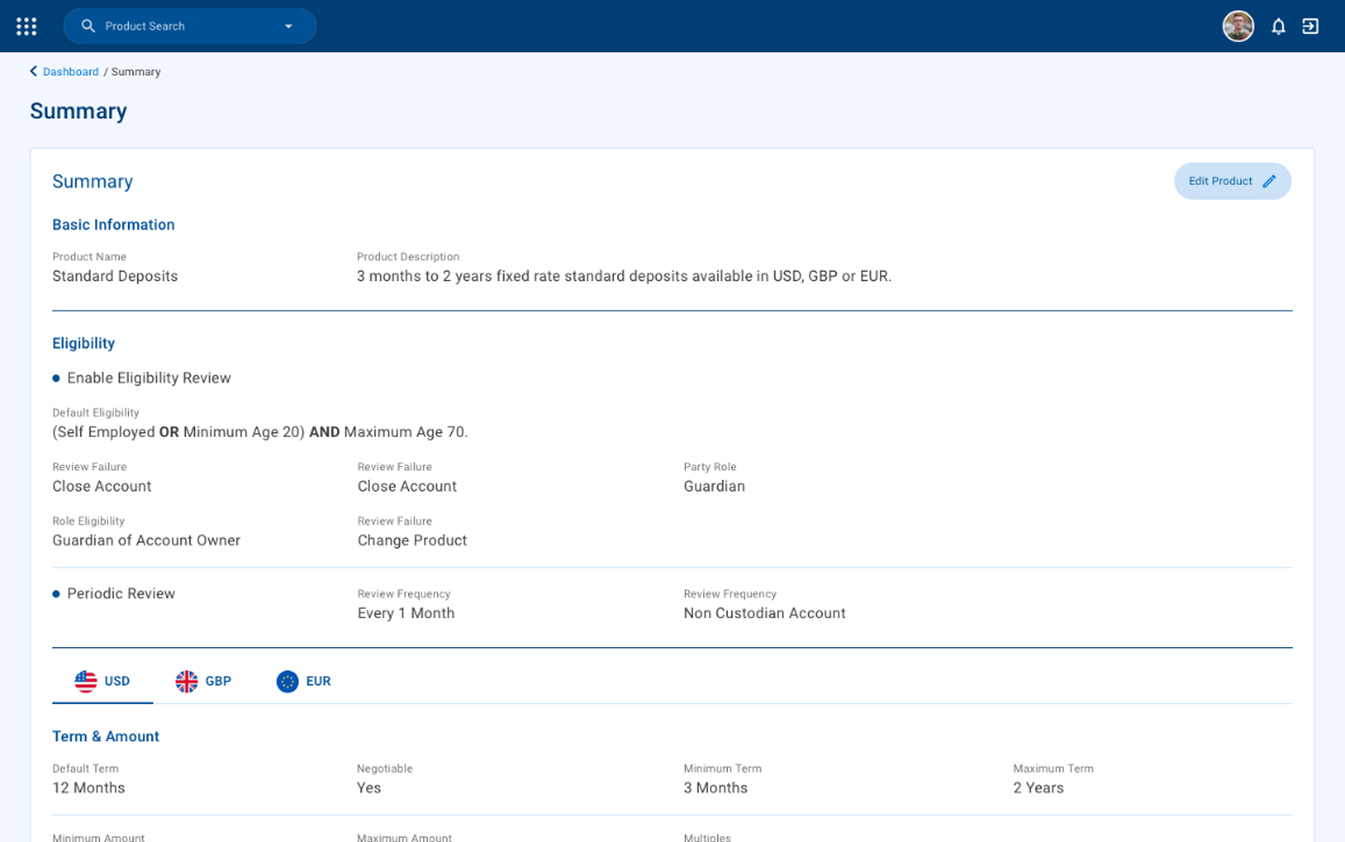 Product summary with eligibility, currency tabs and term and amount